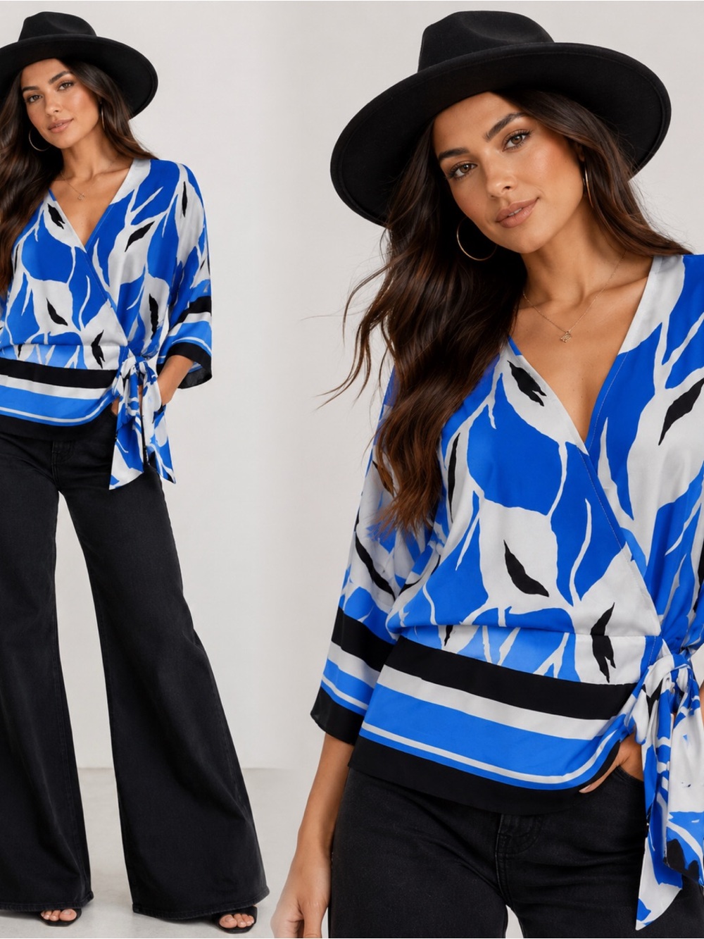 Nine West Blue and White Floral Wrap Top with Side Tie
